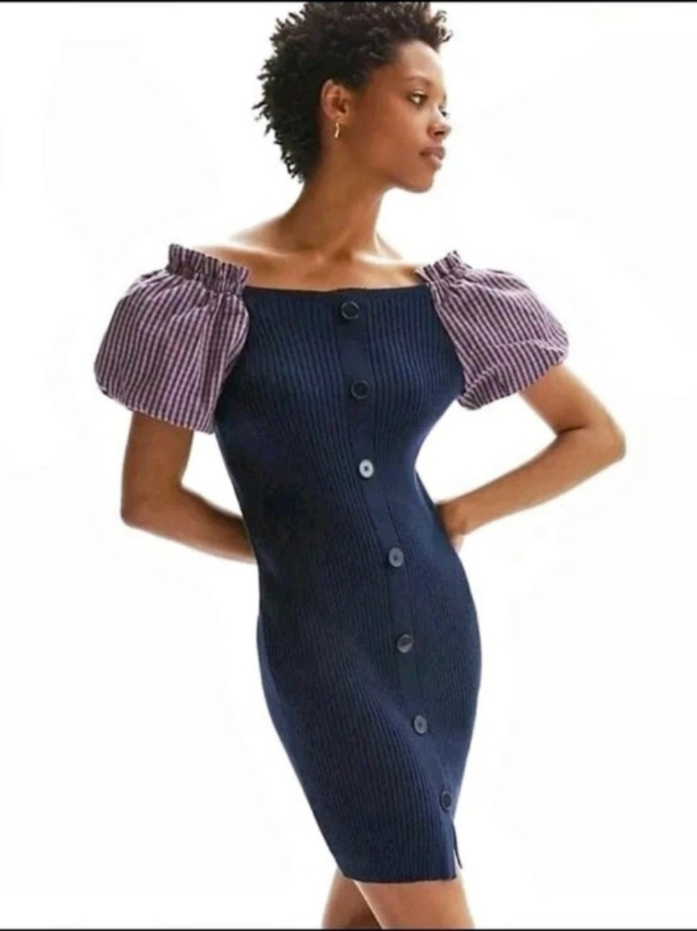 Maeve Ribbed Puff Sleeve Mini Dress Blue & Pink Size Small